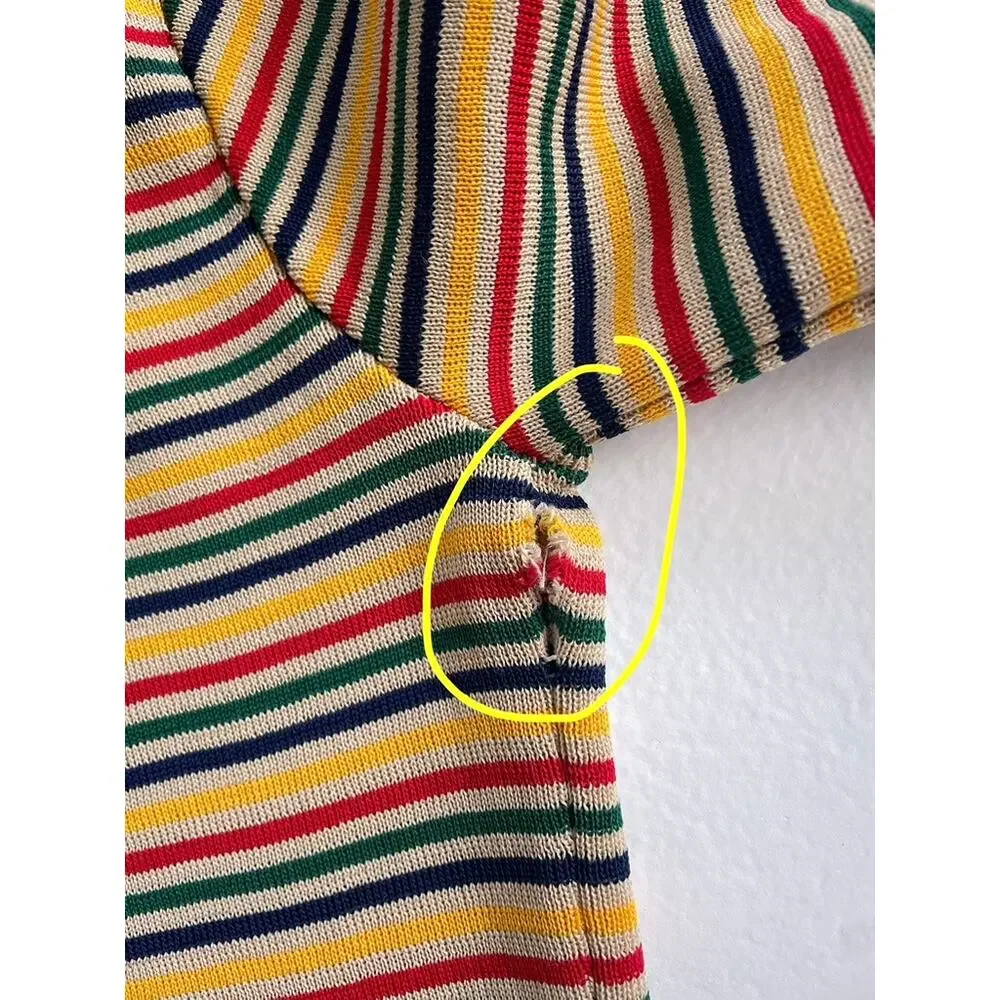 Vtg 70s Colorful Striped Knit Long Sleeve Shirt / Womens / Sz M / Stretchy Poly